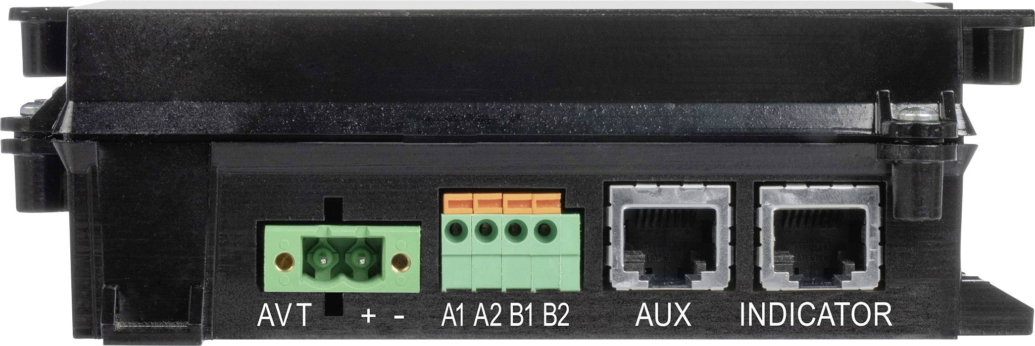 Bedienfeld mit AVT, A1 A2 B1 B2, AUX, INDICATOR-Anschlüssen und Klemmenblöcken für Anschlüsse und Konfigurationen.