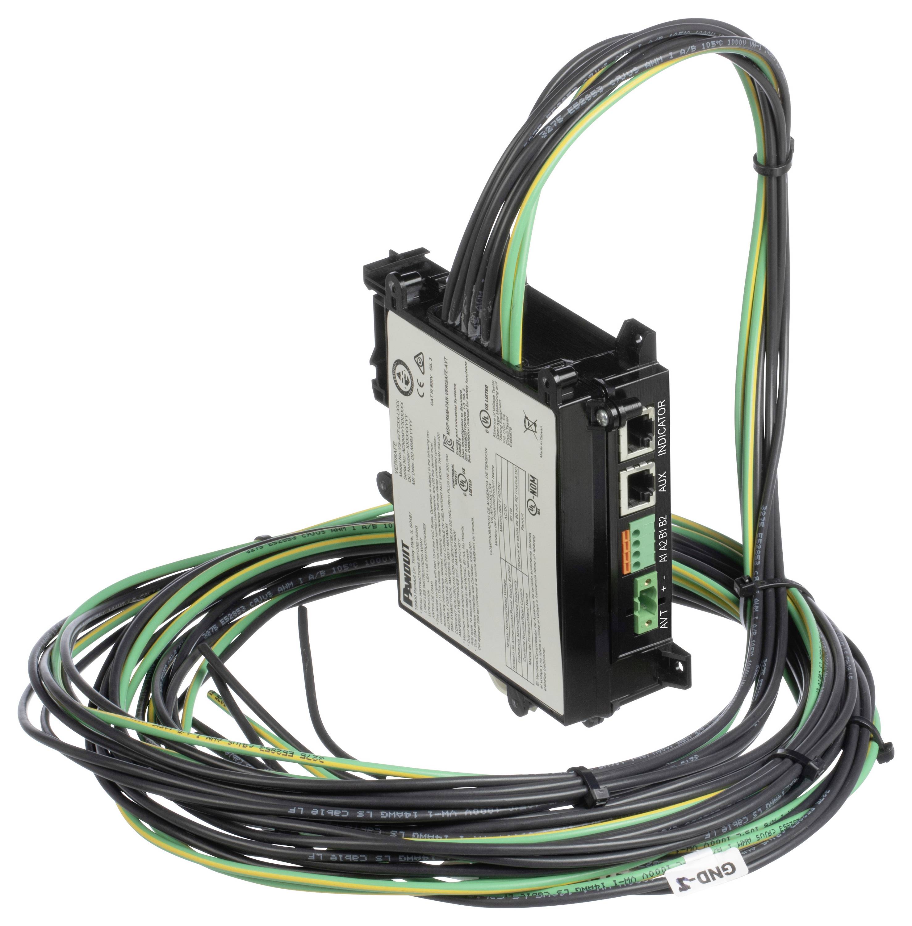 Ein schwarzes elektronisches Modul mit mehreren farbigen Kabeln, das Ethernet- und andere Anschlüsse aufweist und möglicherweise für Netzwerkverbindungen verwendet wird.