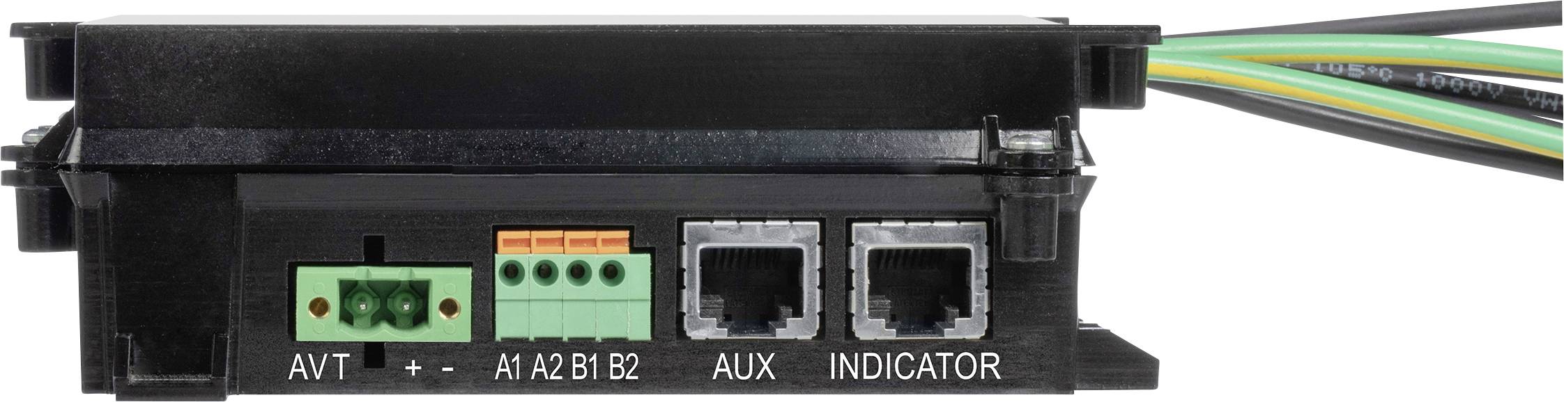 „Nahaufnahme eines schwarzen elektronischen Geräts mit grünen und orangefarbenen Anschlussklemmen, beschriftet mit A1, A2, B1, B2, AUX und Anzeige-Ports.