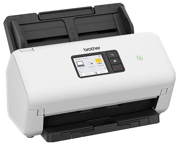 Scanner von Brother in Weiß für den Desktop mit digitaler Anzeige und Bedienungstasten, entwickelt zum Scannen von Dokumenten.
