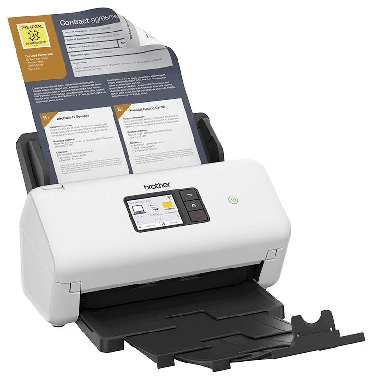 Ein Dokumentenscanner mit einem teilweise gescannten Vertragsformular, bei dem der Text klar erkennbar ist. Der Scanner ist weiß und verfügt über eine digitale Anzeige.