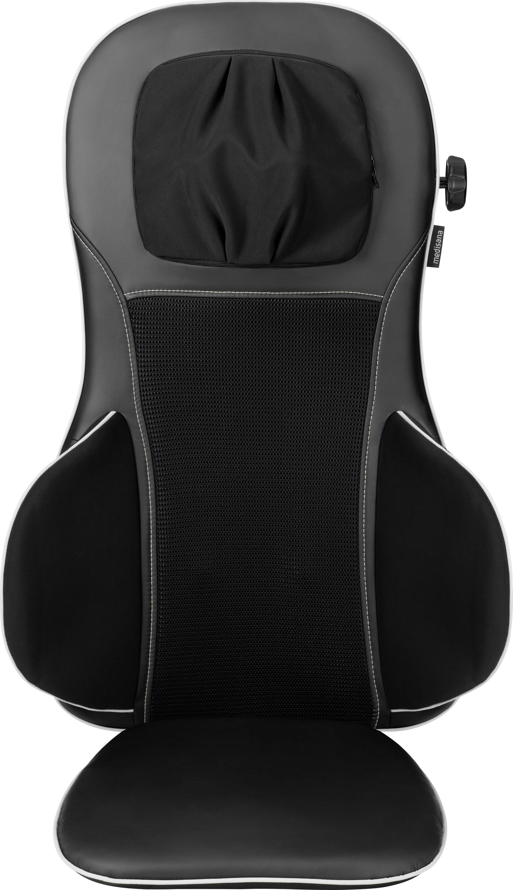 Ein schwarzes und graues Massagesitzpolster mit verstellbarer Kopfstütze und Einstellungsregler, entwickelt für ergonomisches Sitzen und Rückenunterstützung.