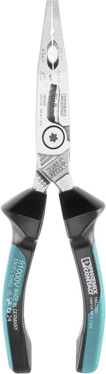 Spitzzange mit blauen und schwarzen Griffen, ausgestattet mit einer integrierten Drahtschneidvorrichtung und gerillten Spitzen zum präzisen Greifen, verwendet für Präzisionsaufgaben.