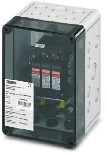 Eine elektrische Verteilerdose mit transparentem Deckel, die interne Sicherungsautomaten und Verdrahtung sichtbar macht. Beschriftungen und technische Spezifikationen sind erkennbar.