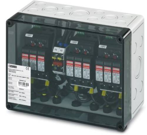 Eine rechteckige elektrische Verteilerdose mit durchsichtiger Abdeckung, in der mehrere Sicherungsautomaten mit Einstellungen beschriftet sind und Kabel an der Unterseite angeschlossen sind.