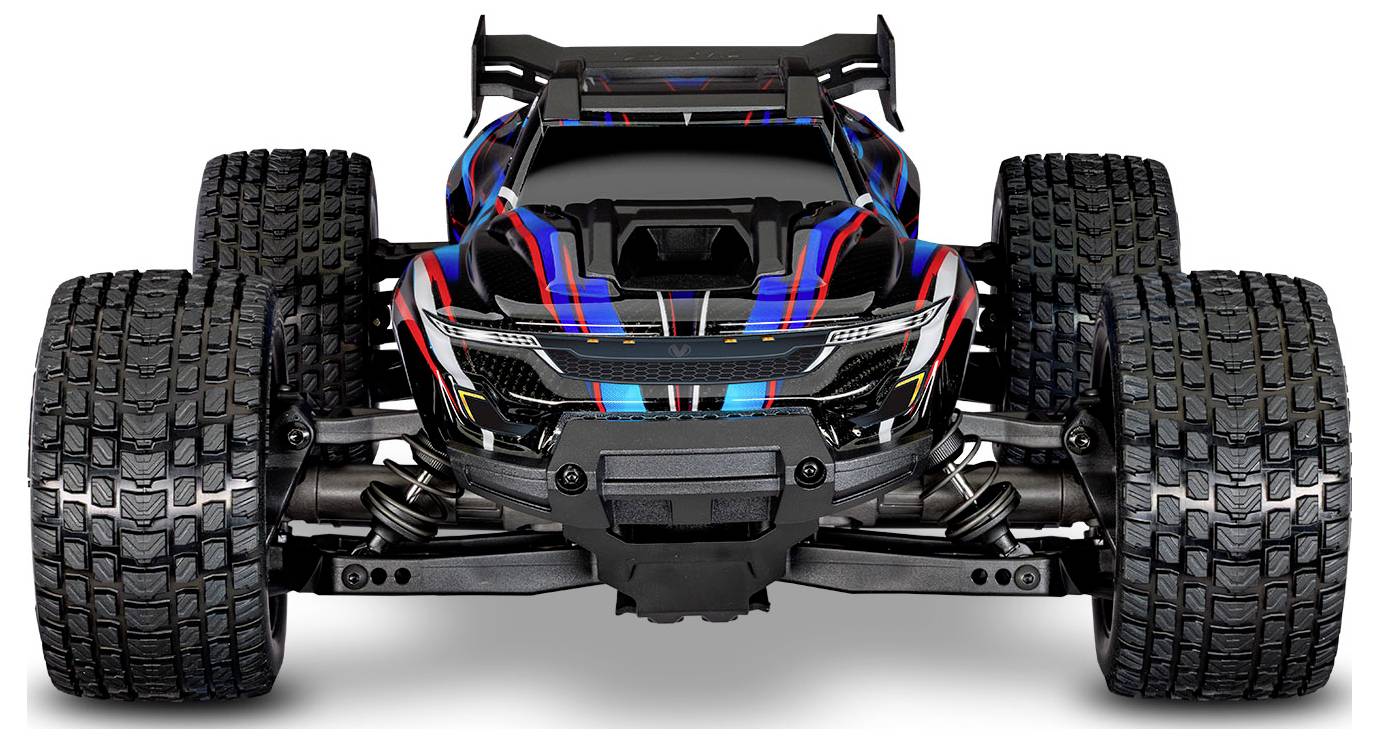 Ein farbenfroher ferngesteuerter Wagen mit großen, strukturierten Geländereifen, der ein mutiges Design mit roten, blauen und schwarzen Streifen aufweist.