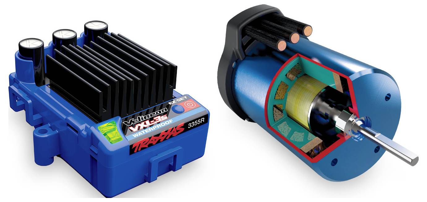 Eine blaue elektronische Geschwindigkeitssteuerungseinheit mit Kühlrippen neben einem Motorquerschnitt, der interne Komponenten wie Spulen und Verkabelung zeigt.