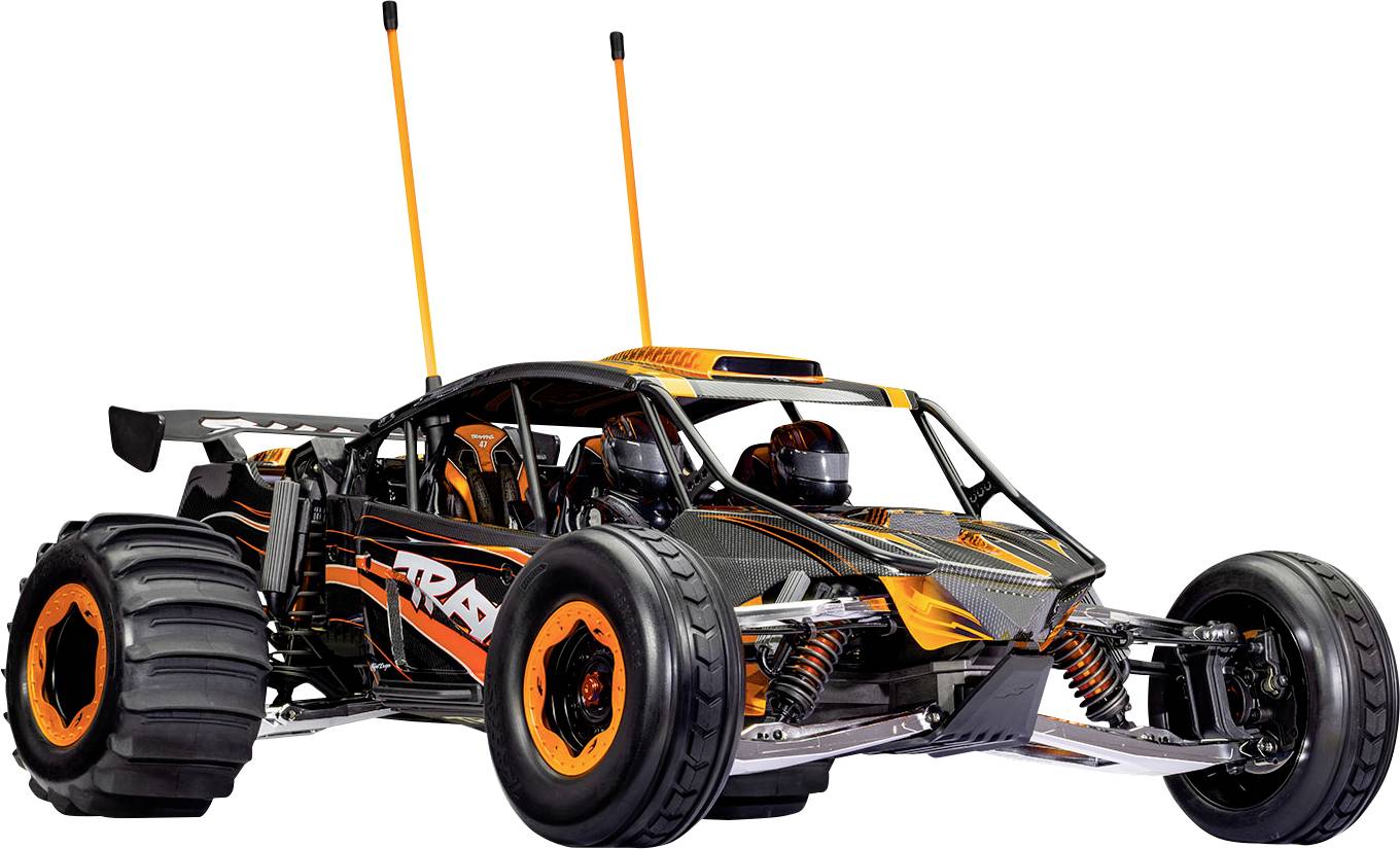 Ferngesteuertes Buggy mit großen Rädern, schlankem schwarz-orangefarbenem Design und zwei Antennen, konzipiert für Offroad-Rennen.