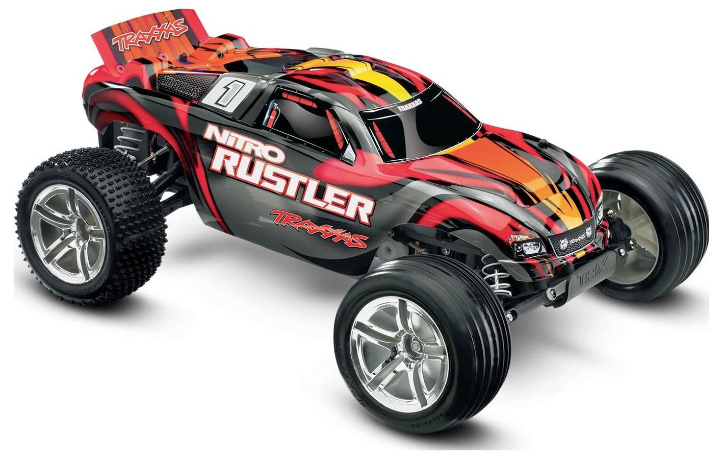 Ein rot-schwarzes RC-Auto mit der Aufschrift „Nitro Rustler