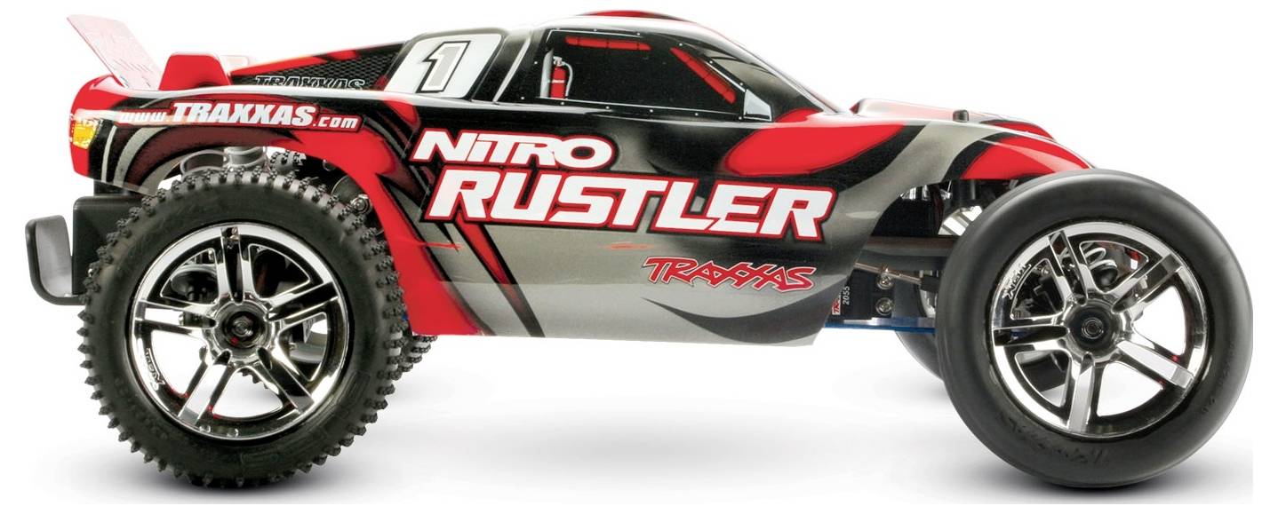 Ein rot und schwarz ferngesteuertes Auto mit dem Text 