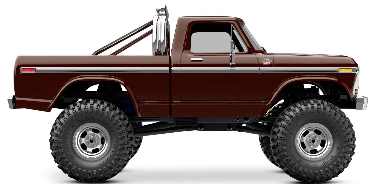 Ein angehobener brauner Pickup-Truck mit Offroad-Reifen und einer Überrollschutzbügel, Seitenansicht.