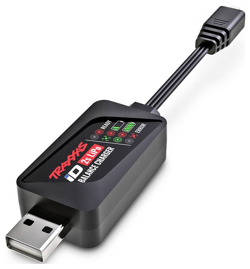 Ein schwarzer USB-Balanceladegerät mit einem kurzen Kabel, das mit ‚TRAXXAS' beschriftet ist und LED-Anzeigen für verschiedene Ladelevels aufweist.