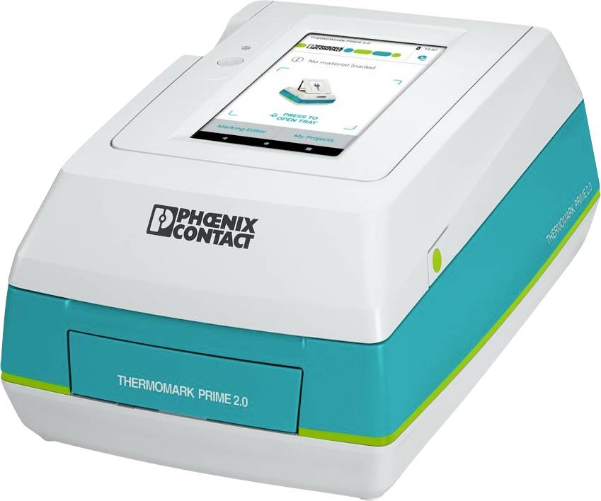 Tragbares Beschriftungsgerät 'Phoenix Contact Thermomark Prime 2.0' mit Touchscreen-Schnittstelle zur Erstellung und Verwaltung von Etiketten.