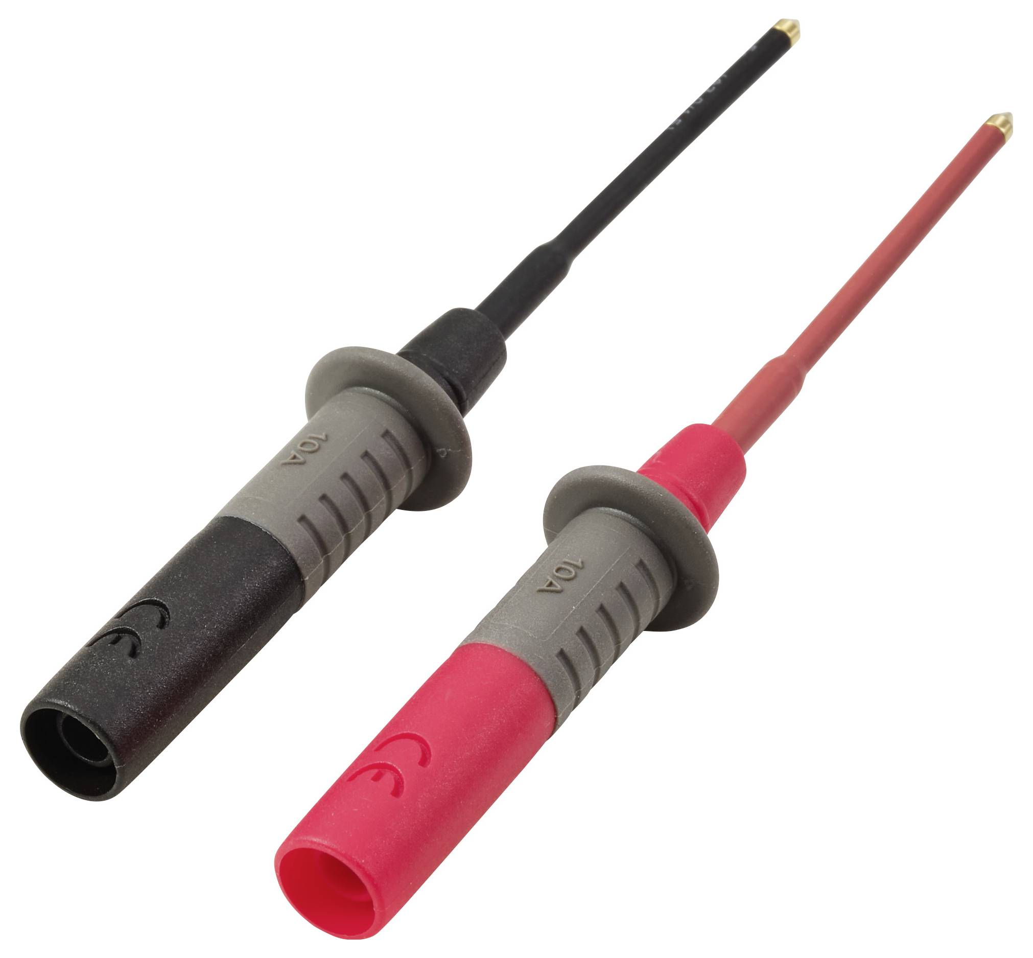 Zwei Multimeter-Messspitzen, eine rot und eine schwarz, mit Gummigriffenund spitzen Metallspitzen, verwendet zum Messen von elektrischen Eigenschaften.