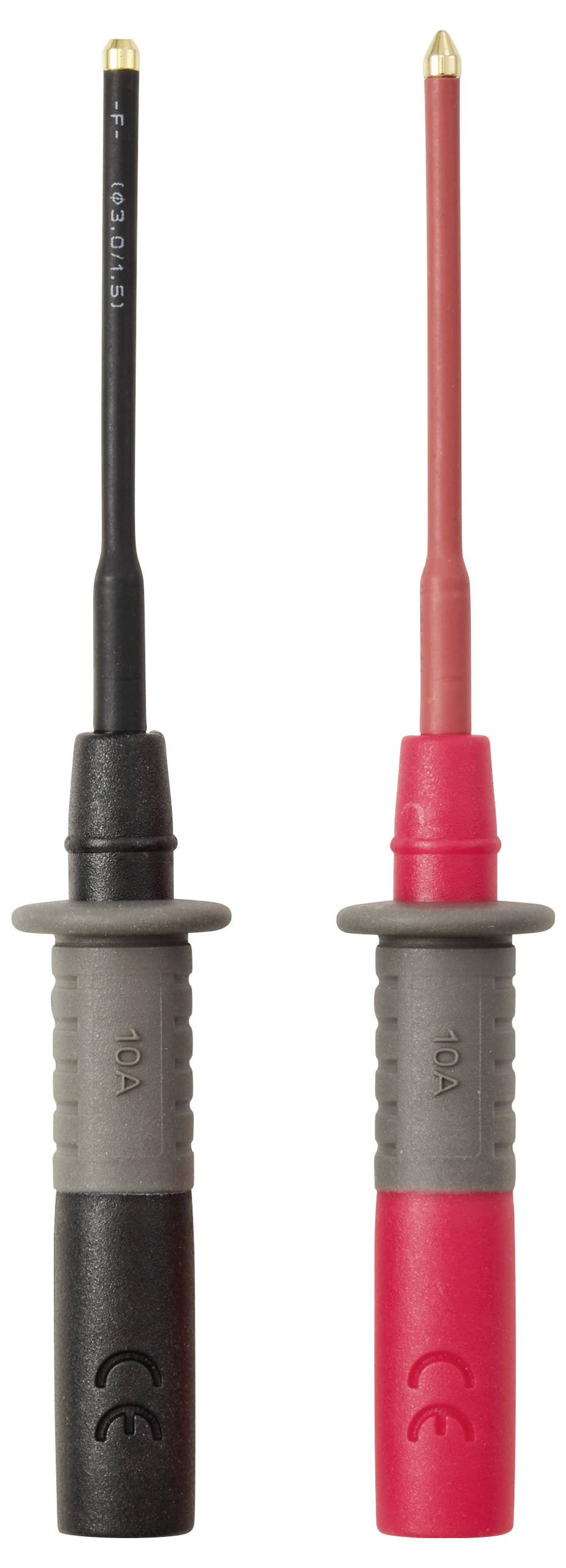 Schwarze und rote Multimeter-Messleitungen mit Kunststoffgriffen, beschriftet mit 10A und CE, verwendet zum Messen von elektrischen Strömen.