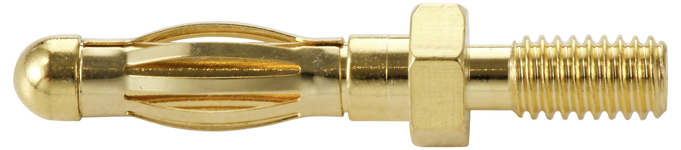 Ein vergoldeter zylindrischer Bananenstecker mit geschlitztem Gehäuse und Gewindeende, der zur Verbindung von Audiogeräten verwendet wird.