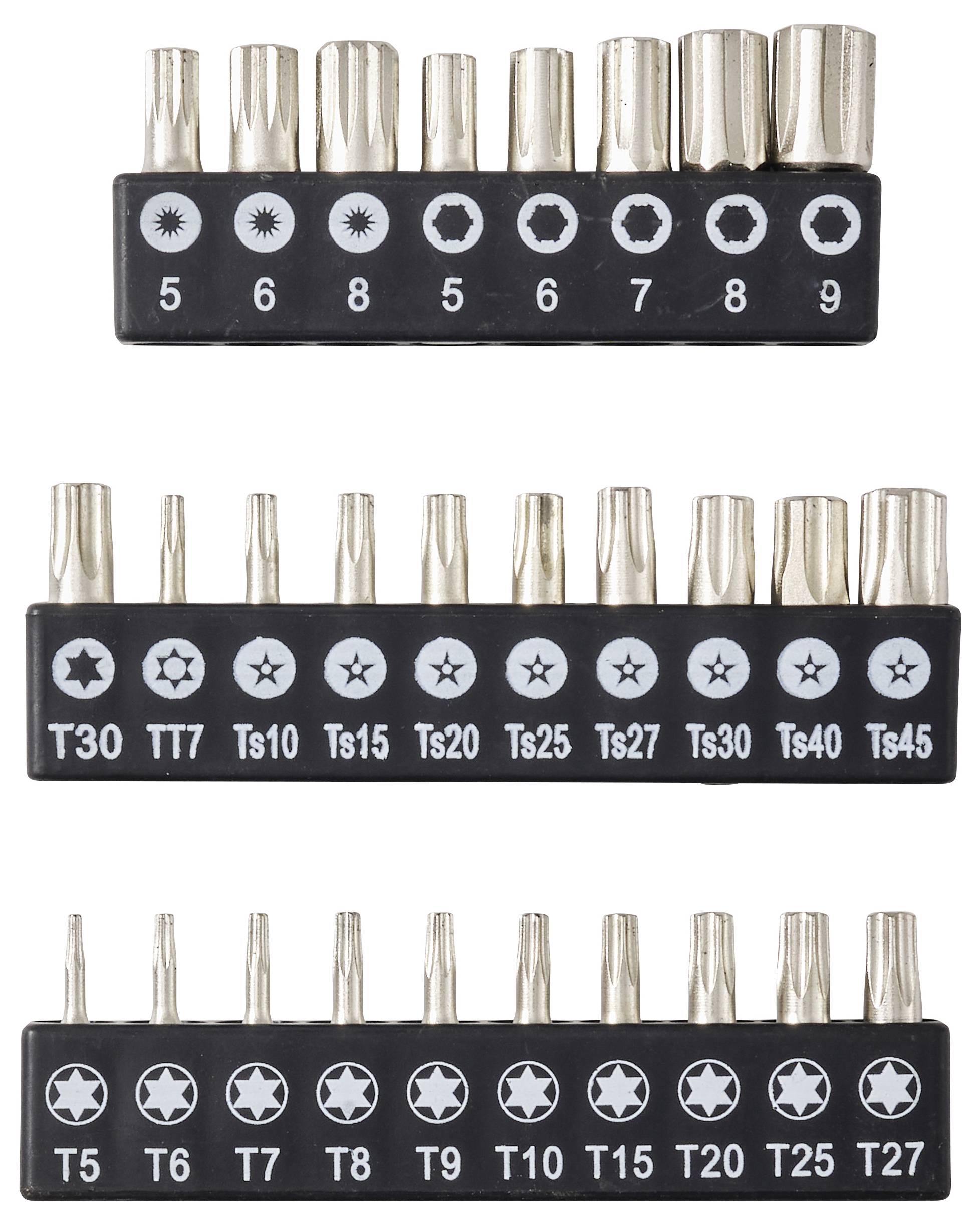 Drei Reihen von Präzisions-Schraubendreher-Bits in beschrifteten Haltern, einschließlich Größen 5-9, Torx T30-T45 und T5-T27.