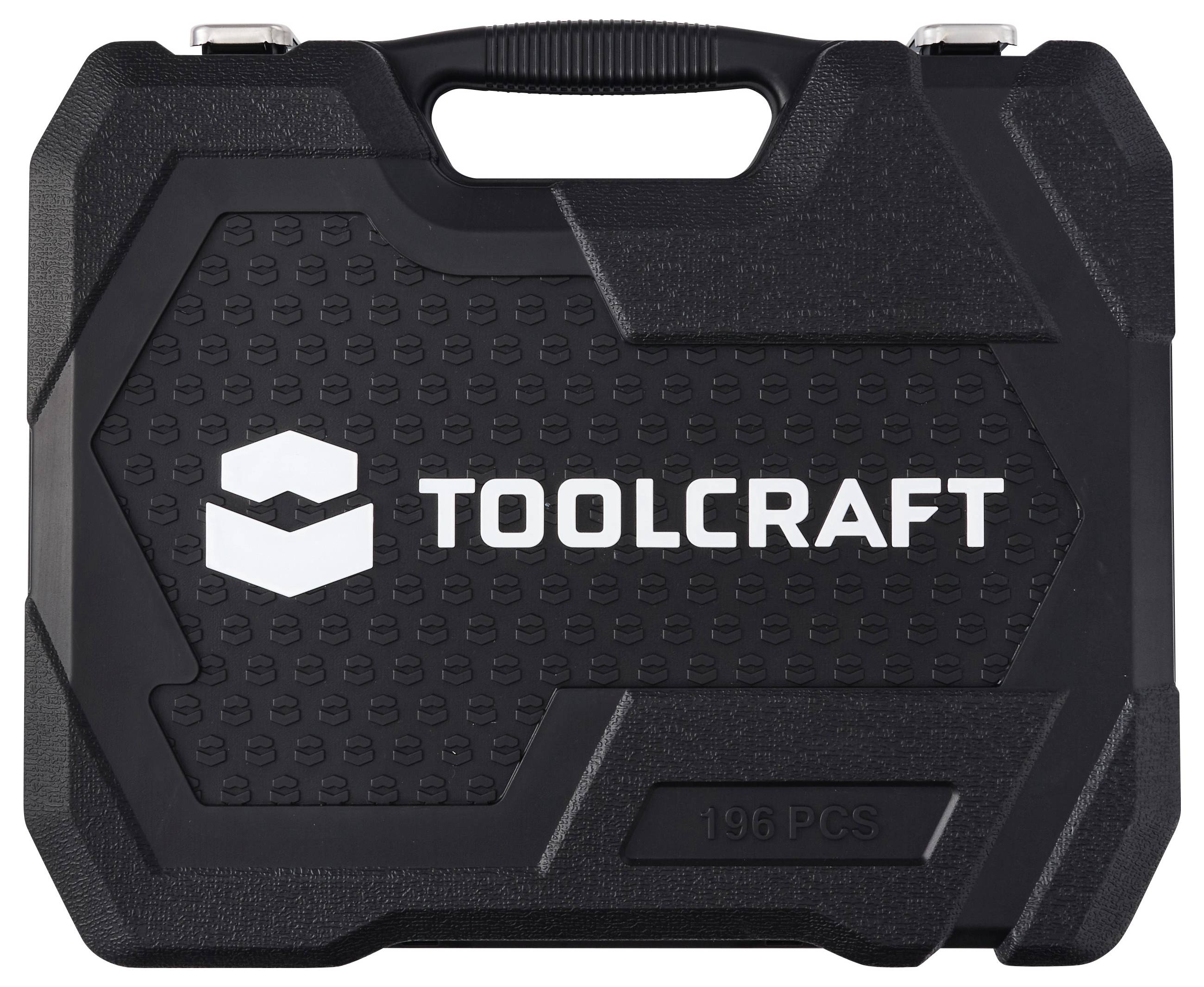 Schwarzer Toolcraft Hartkunststoff-Transportkoffer mit Griff, auf der Vorderseite mit den Aufschriften 