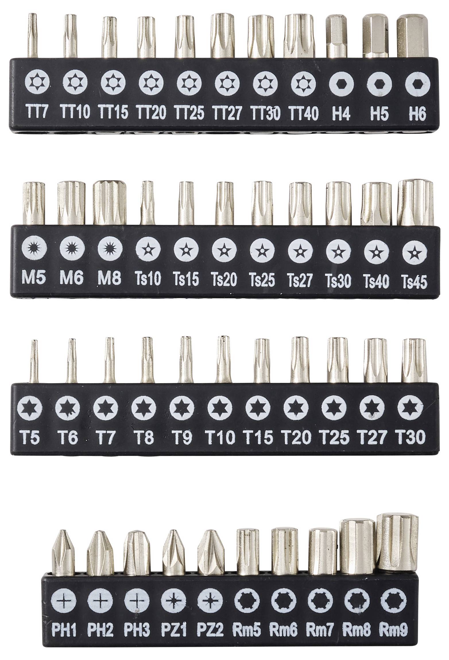 Vier Reihen von Metallschraubendreher-Bits mit den Bezeichnungen Torx, Sechskant, Security Torx und Phillips/Pozidriv-Größen, angeordnet nach Typ und Größe.