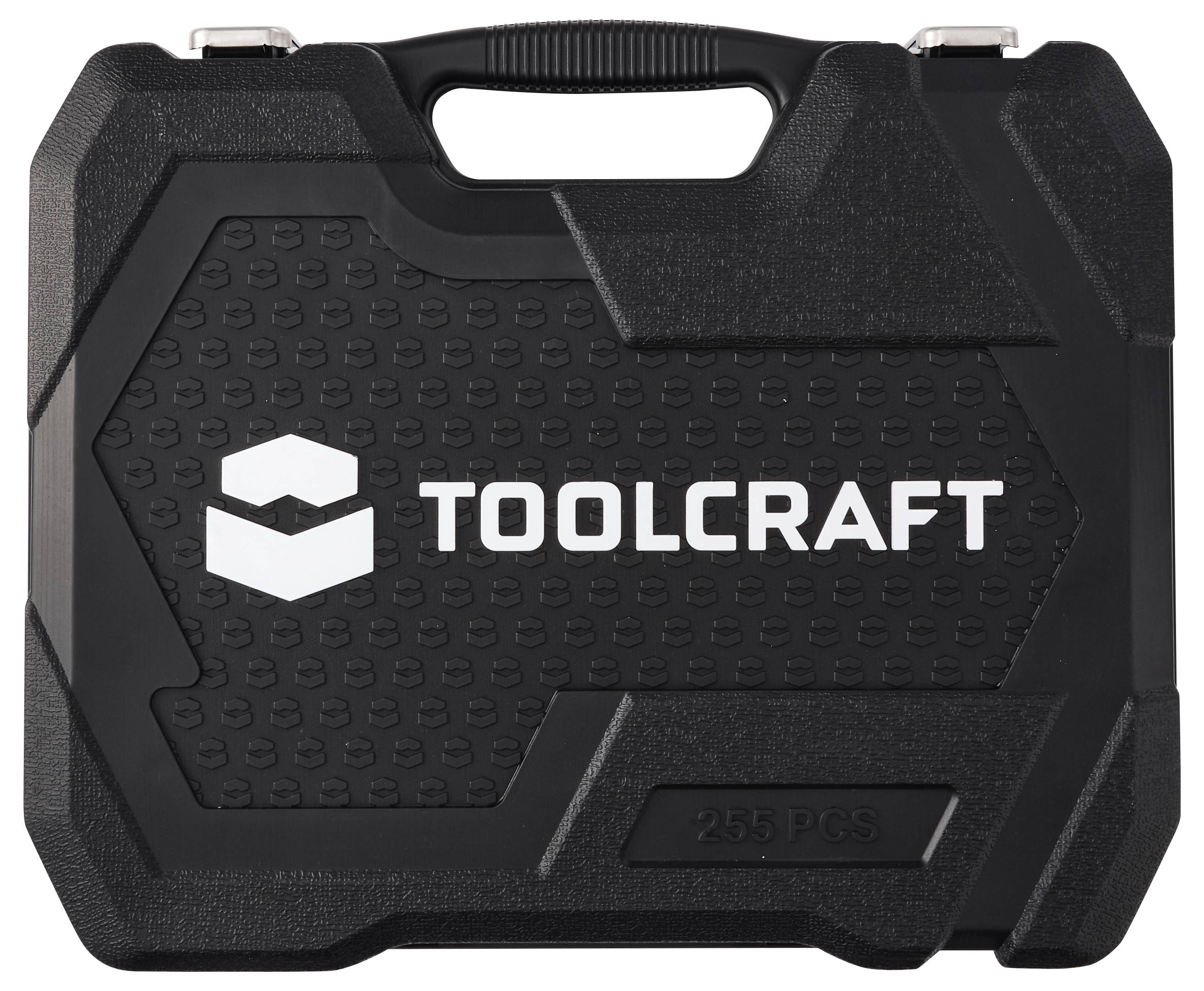 Schwarzer Toolcraft Hartkunststoff-Werkzeugkoffer mit Griff und silbernen Verschlüssen, beschriftet mit „TOOLCRAFT