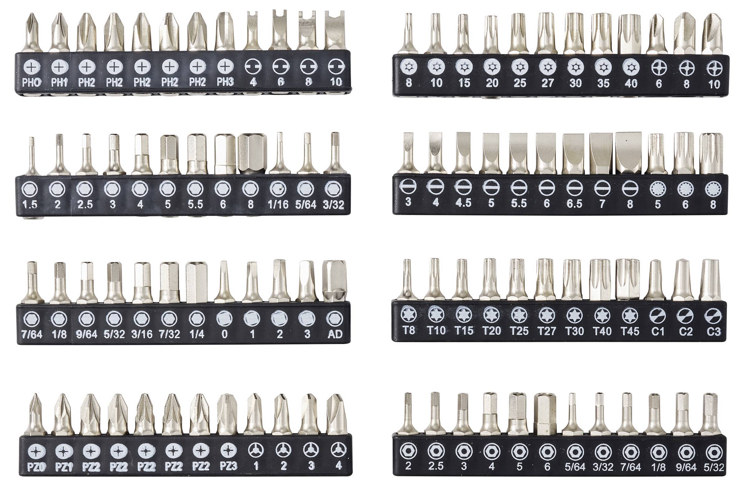 Satz von Präzisions-Schraubendreher-Bits, angeordnet in sechs beschrifteten Halterstreifen, einschließlich Phillips-, Schlitz-, Sechskant-, Torx- und Sicherheits-Bits mit Größenmarkierungen.