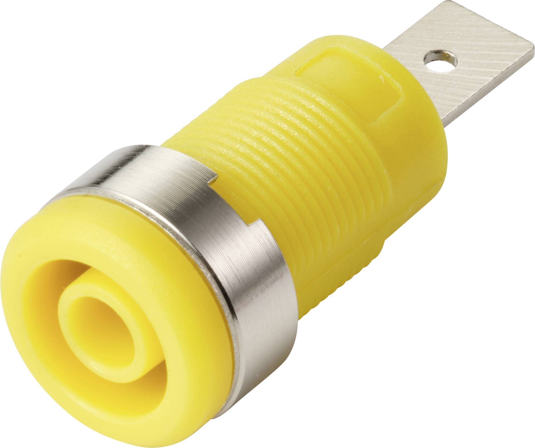 Ein gelber isolierter Anschlussklemmen-Stecker mit metallischer Schraubenbefestigung, entwickelt für Elektroinstallationen.