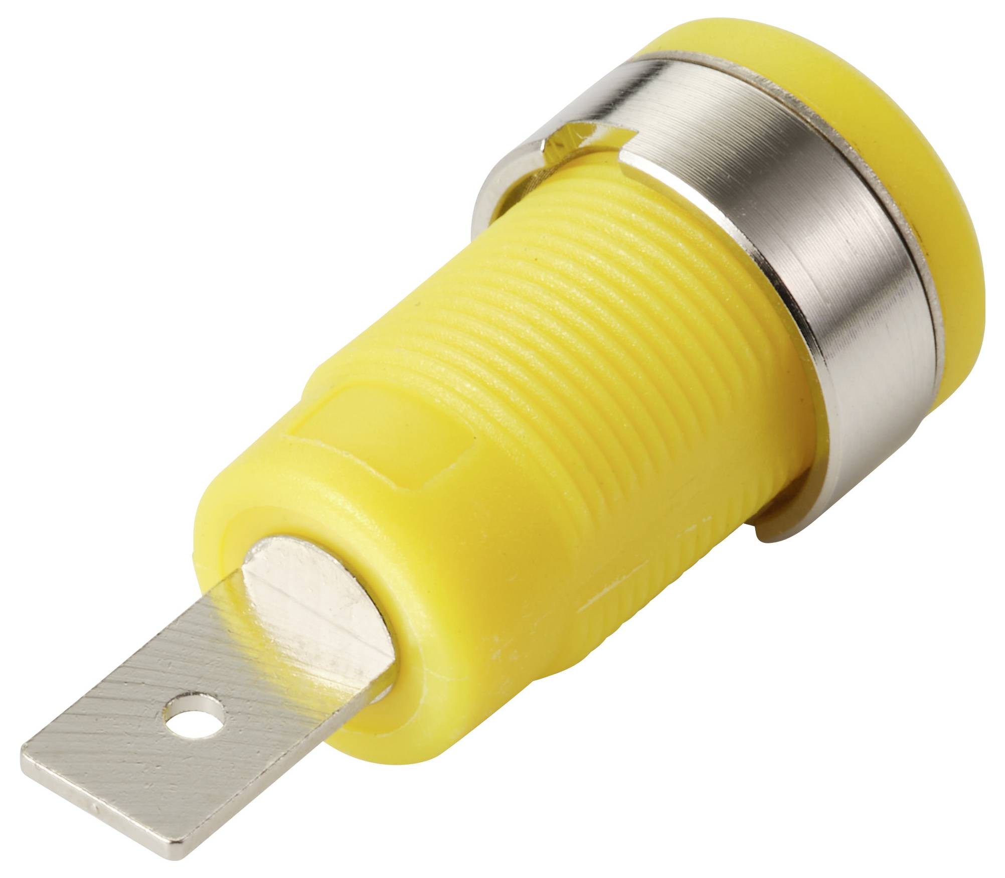 Eine gelbe Bananenstecker-Buchse mit Metallflansch, verwendet für sichere elektronische Verbindungen, freigestellt auf weißem Hintergrund.