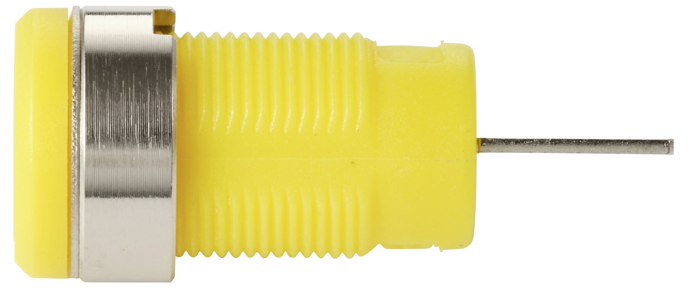 Ein gelber Druckknopfschalter mit einem Metallring und einer Stiftleiste, von der Seite vor weißem Hintergrund gezeigt.