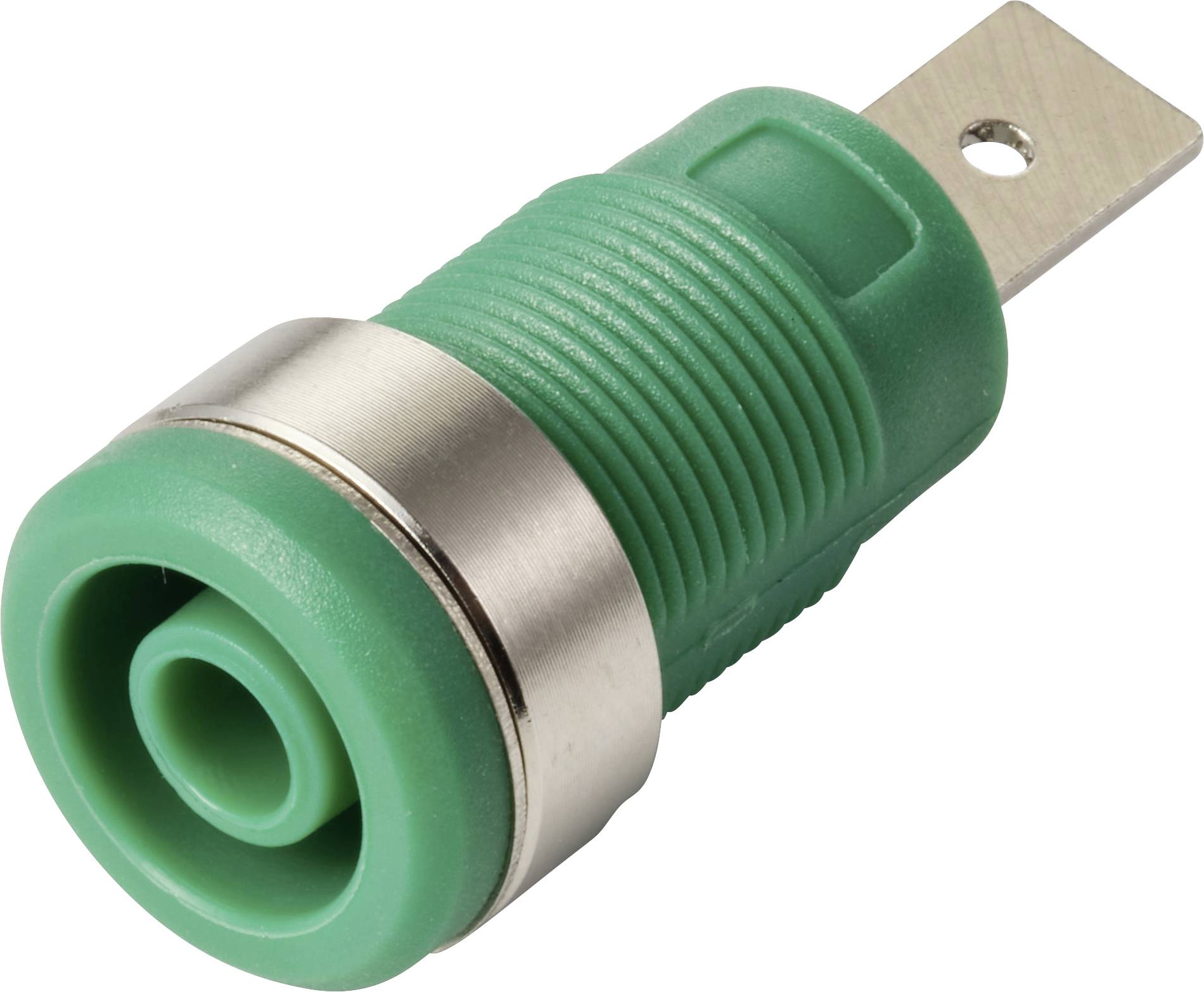 Eine grüne und metallische elektrische Komponente mit zylindrischer Form und flachem Metalltab, wahrscheinlich ein Stromstecker oder eine Klemme.