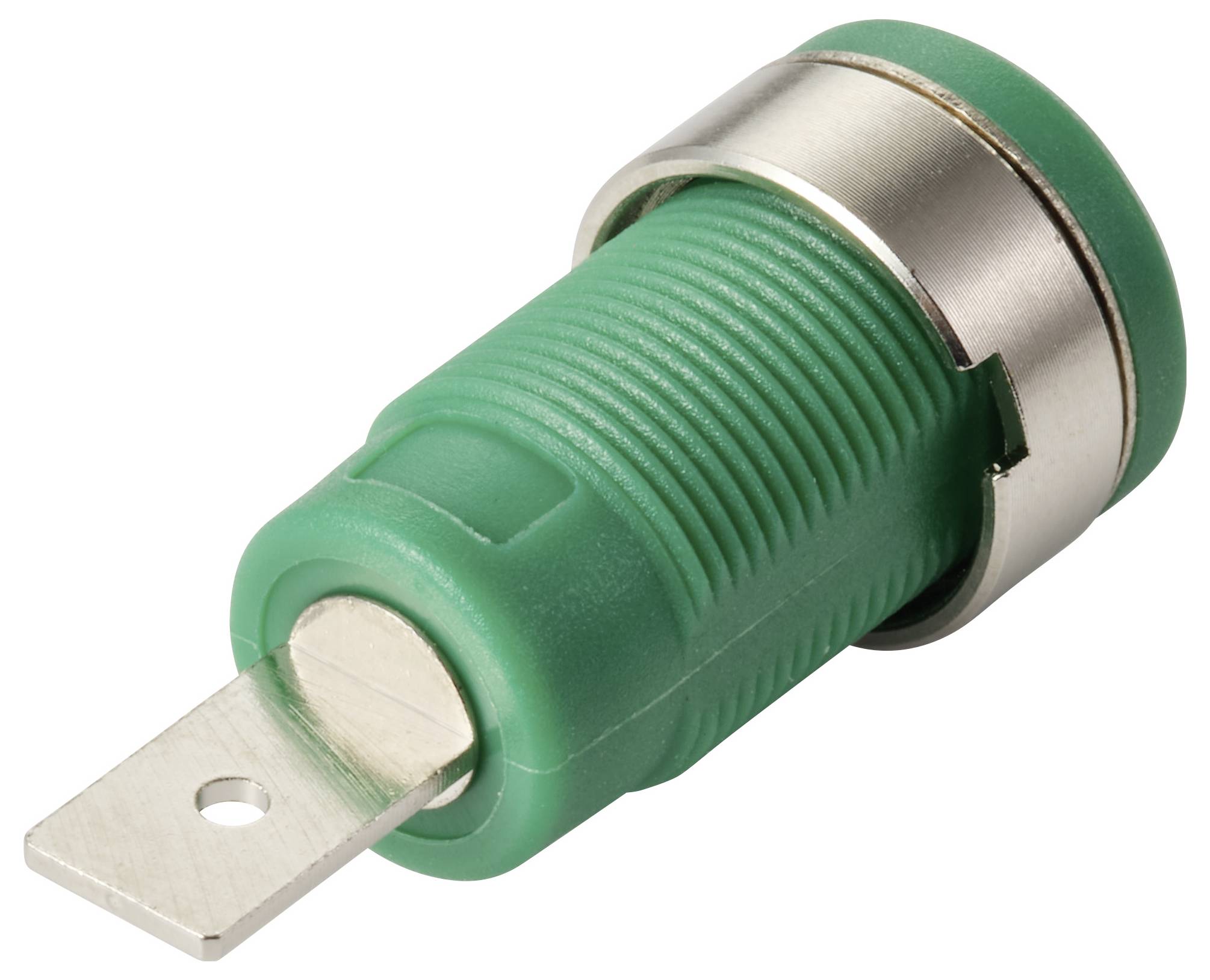 Ein grüner Paneeleinbau-Sicherungshalter mit Metallkonnektoren und gerilltem Griff, konzipiert für die einfache Integration in elektrische Geräte.