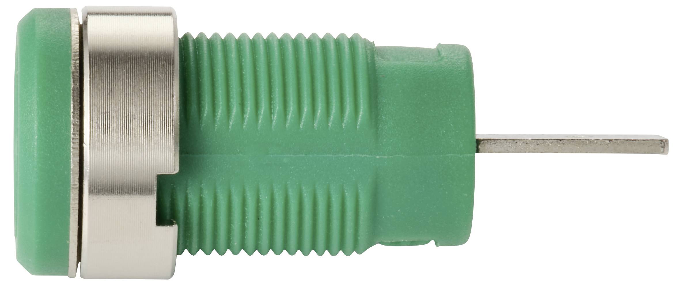 Ein grün-silberner Druckschalter mit metallischem Stift, der häufig in elektronischen Schaltkreisen und Geräten verwendet wird.