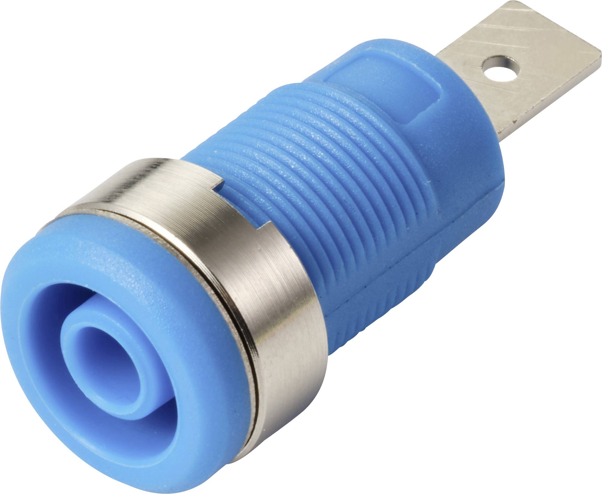 Ein blauer isolierter Verriegelungsstecker mit silberfarbenem Metallring, wahrscheinlich für die Elektroinstallation oder Schaltungstechnik verwendet, mit einer Schleifenöffnung am Ende.