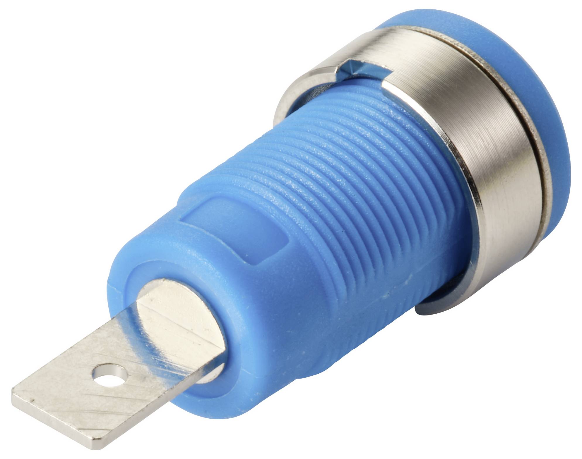 Eine Nahaufnahme eines blauen und metallischen Steckers einer elektrischen Komponente mit einer flachen Metallzunge zur Verbindung.