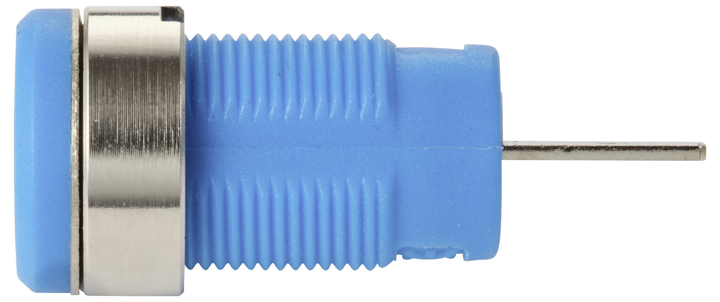 Ein blauer Kunststoff-Druckknopf mit einem runden Metallring und einem hervorstehenden Metallstift, der in elektronischen Geräten für Schaltanwendungen verwendet wird.