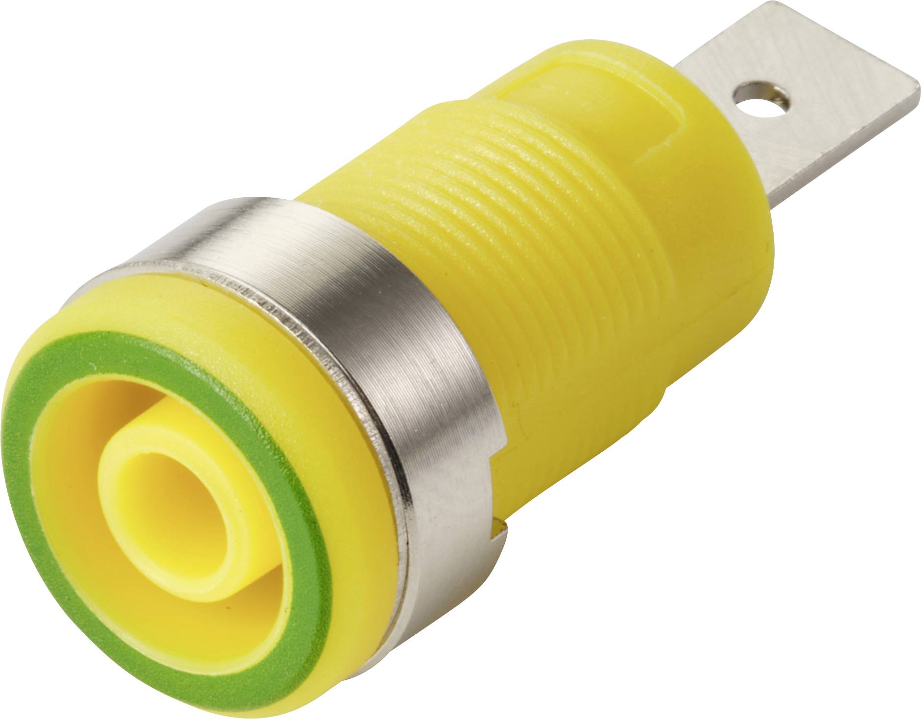 Ein gelber Bananenstecker mit grünem Ring und Metallkonnektorspitze, der zum Verbinden von Elektrokabeln mit verschiedenen Geräten und Ausrüstungen verwendet wird.