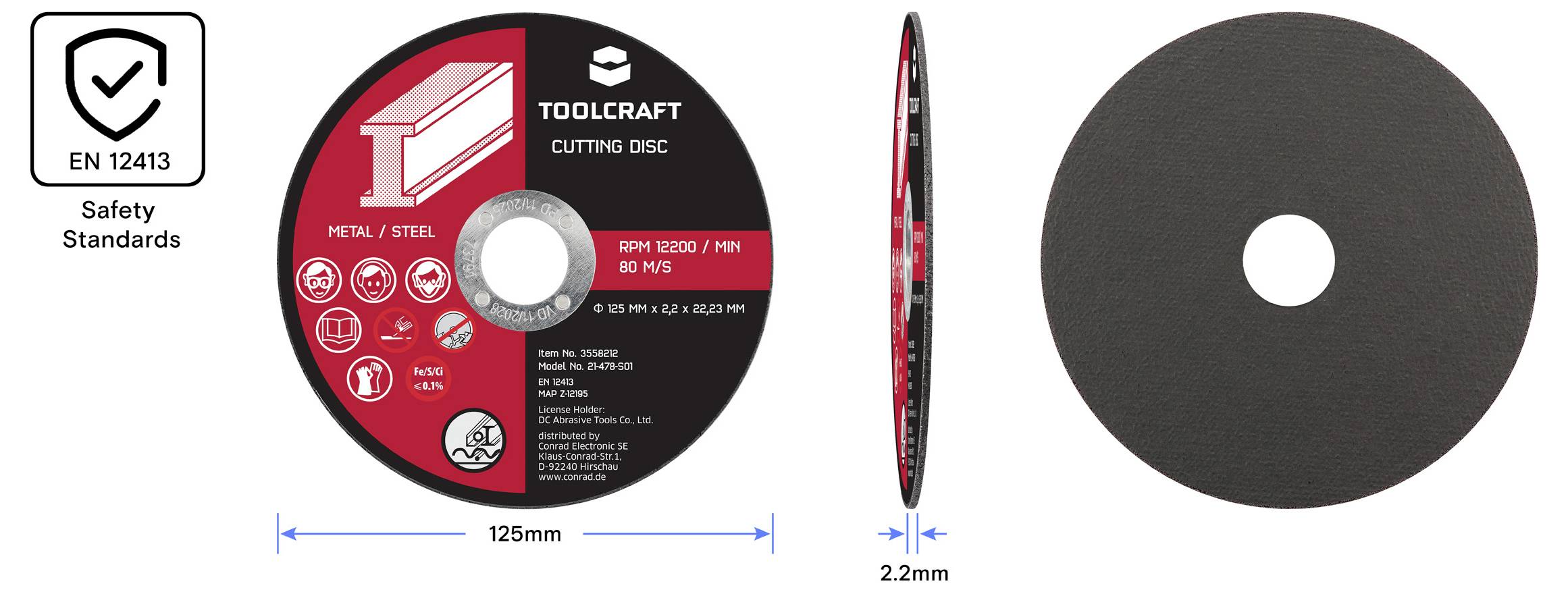 TOOLCRAFT Trennscheibe für Metall/Stahl, 125 mm Durchmesser, 2,2 mm Dicke. EN 12413 Sicherheitsnormen beachtet. Seiten- und Vorderansicht dargestellt.