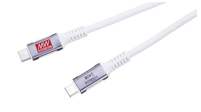 Zwei weiße USB-C-Kabel mit der Aufschrift '100Gbps 240W', geeignet für High-Speed-Datenübertragung und Stromversorgung.