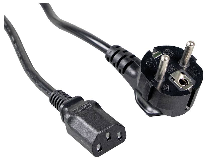 Ein dreiadrig europäischer Stecker mit einem schwarzen Netzkabel, das zu einem Anschluss führt und für elektrische Geräte verwendet wird.