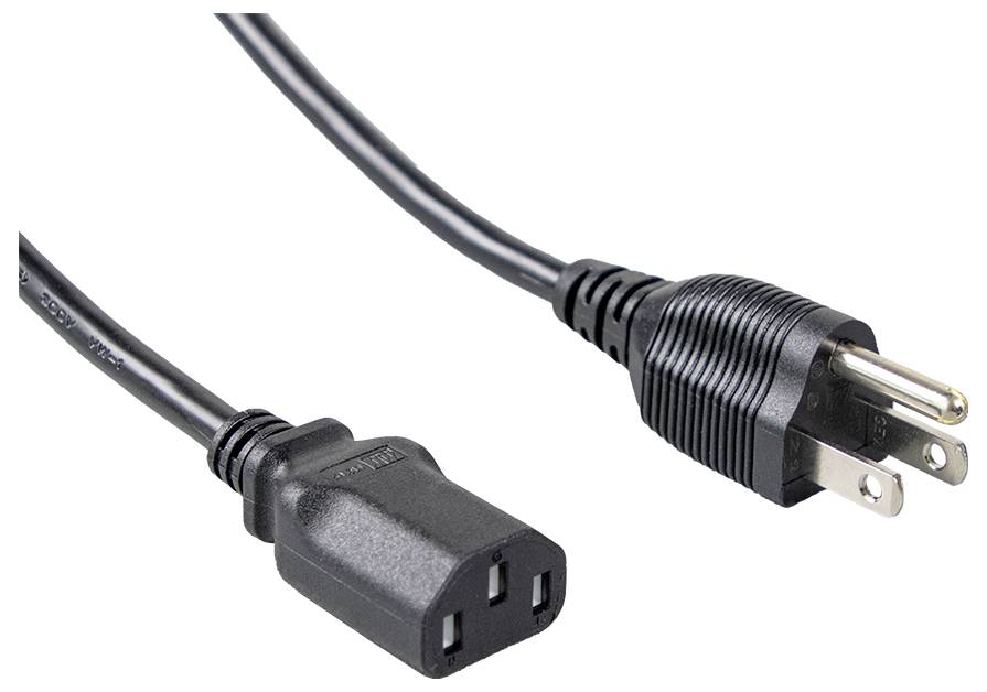 Ein schwarzes elektrisches Netzkabel mit einem dreipinigen Stecker an einem Ende und einem dreilochigen Verbinder am anderen Ende.