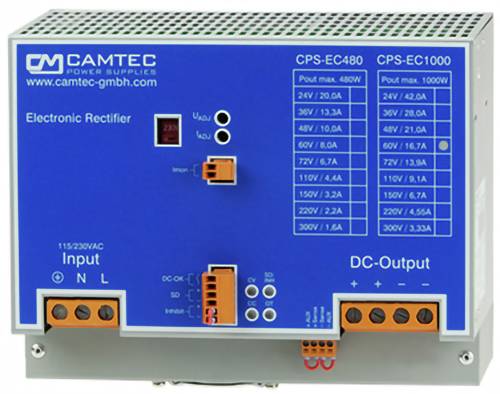 Camtec CPS-EC Serie elektronischer Gleichrichter; blaue Frontplatte, Ein-/Ausgabeports und Spezifikationstabelle für Leistungsausgabeoptionen.