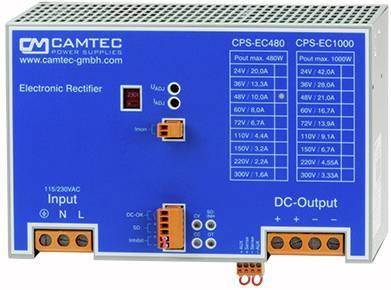 Elektronischer Gleichrichter mit blauem Gehäuse von Camtec Power Supplies. Zeigt Ausgangsspezifikationen für die Modelle CPS-EC480 und CPS-EC1000.