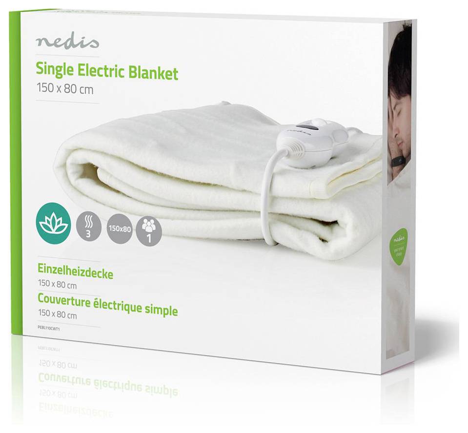 Karton mit einer elektrischen Decke, 150 x 80 cm. Ausstattungsmerkmale umfassen drei Heizstufen und einen abnehmbaren Regler.