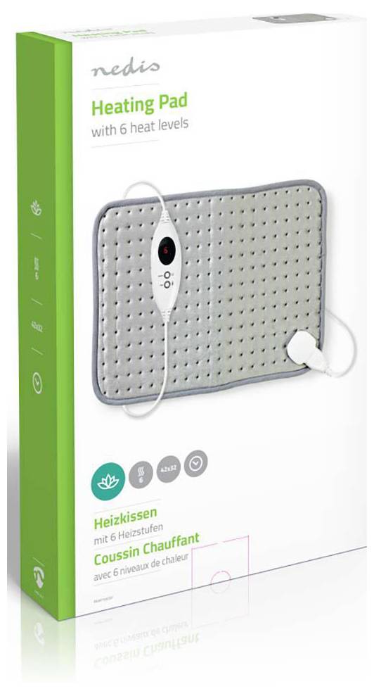 Eine Box mit einem 'nedis' Heizpad mit sechs Heizstufen, dargestellt in Grau mit einer weißen Bedieneinheit. Der Text ist auf Englisch, Deutsch und Französisch.