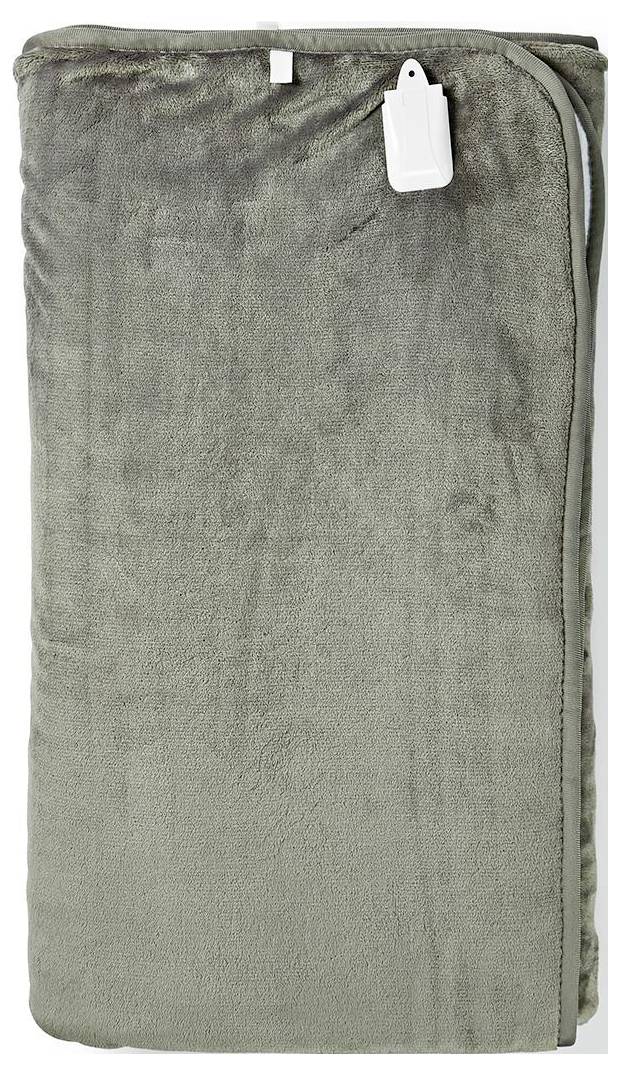 Eine gefaltete graue elektrische Decke mit einem weißen Stecker, der an der Ecke angebracht ist.