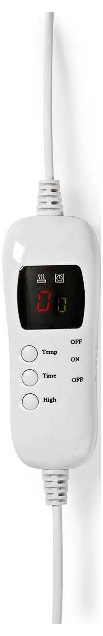 Weißer elektrischer Regler mit drei Tasten, beschriftet mit 'Temp', 'Zeit' und 'High'. Display zeigt '0'. Durch ein Kabel verbunden.