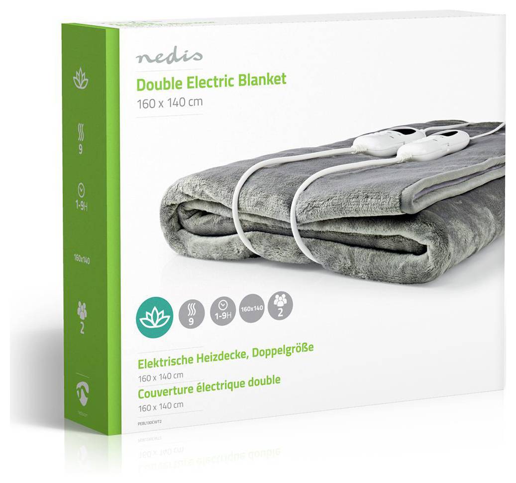'Nedis Doppelte Elektrische Decke, 160 x 140 cm' Verpackung mit gefalteter grauer Decke, zwei Controllern, Symbolen und Text in mehreren Sprachen.