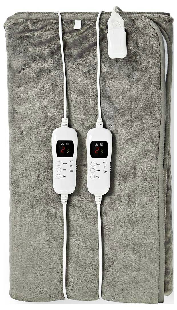 Zwei weiße Controller liegen auf einer zusammengefalteten grauen elektrischen Decke, wobei jeder Temperatureinstellungen anzeigt und durch Kabel miteinander verbunden ist.