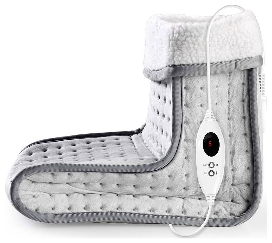 Grauer Fußwärmer-Stiefel mit weißem Fleece-Innenfutter und einem Bedienungsschalter, der 5 Heizstufen anzeigt, entwickelt für Komfort und Wärme.