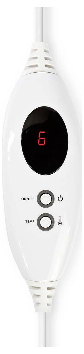 Ein weißer elektronischer Regler mit einer digitalen Anzeige, die eine '6' zeigt, und zwei Tasten mit den Beschriftungen 'Ein/Aus' und 'Temp'.