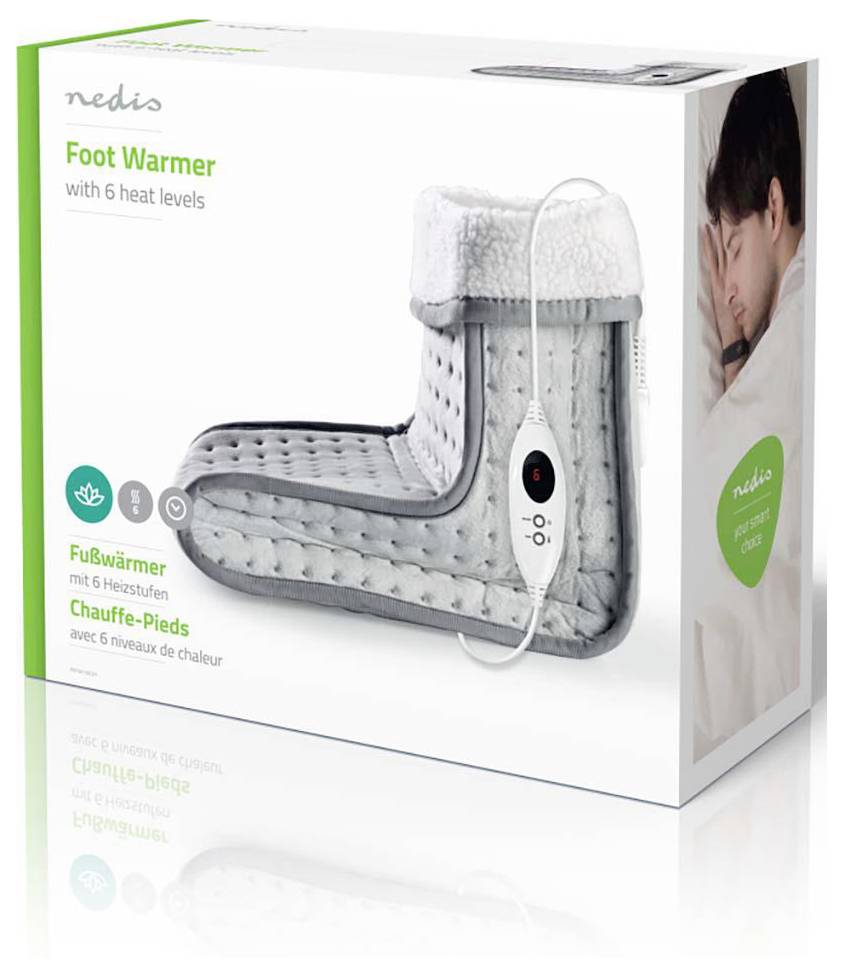 Schachtel zeigt einen Fußwärmer mit sechs Heizstufen. Das Bild zeigt einen grauen Fußwärmer, ein Bediengerät und eine ruhende Person.